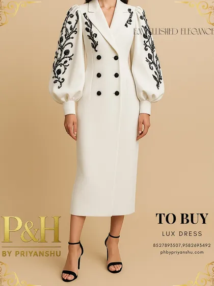 A detailed shot of the white double-breasted dress, focusing on the exquisite black hand-embroidery on the voluminous sleeves.