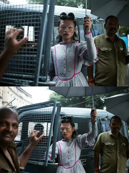 A diptych showing the raw, unedited moments of the "RIOT" shoot. It captures the interaction between the model and the environment, including the curious onlookers who became part of the story.