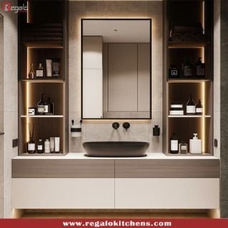 This vanity features a sleek black vessel sink and integrated open shelving with backlighting. The design is perfect for a modern bathroom that values both style and organization.