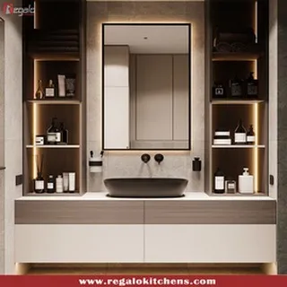 This vanity features a sleek black vessel sink and integrated open shelving with backlighting. The design is perfect for a modern bathroom that values both style and organization.
