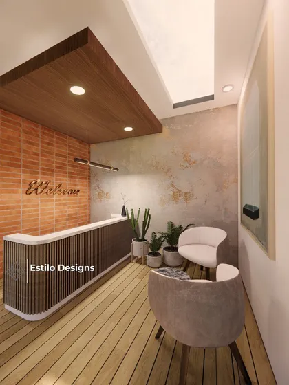 For a clubhouse project, I designed this welcoming reception area. The space combines natural materials like brick and wood with modern lighting and comfortable seating to create a warm and inviting entry point for members.