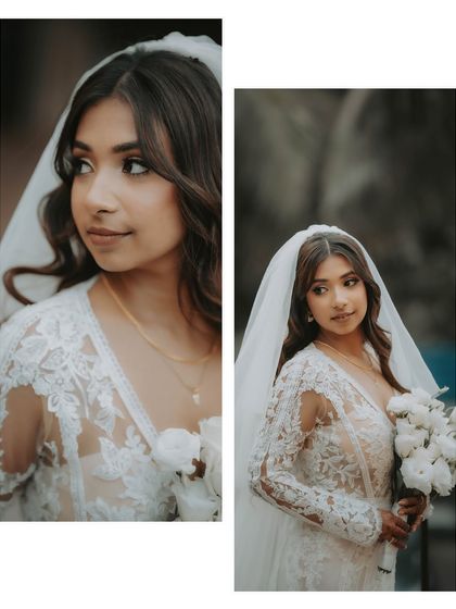 A diptych of the bride in her lace gown. These portraits capture her elegance and the timeless beauty of her wedding day look.