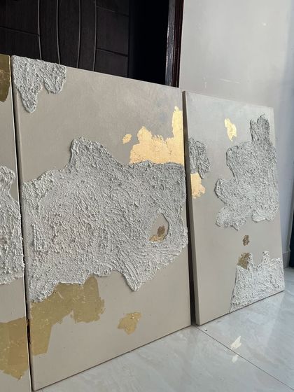A set of four 3ft x 2ft canvases for a Mumbai home. This series features abstract islands of heavy texture on a neutral background, with accents of 24ct gold leaf peeking through.