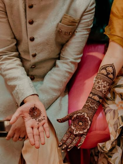 It's a special tradition for the groom to have a small bit of henna, often with the bride's name. Here is a simple, elegant design for the groom.