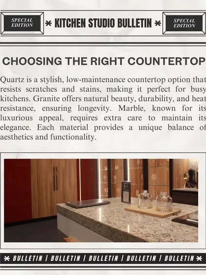 A guide to choosing the right countertop. Whether you prefer low-maintenance quartz, durable granite, or luxurious marble, each material offers a unique balance of beauty and function.