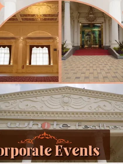 A collage highlighting the classic architecture of our White Feather venue. Its stately columns and pristine white facade make it the ideal venue for sophisticated corporate events and elegant receptions.