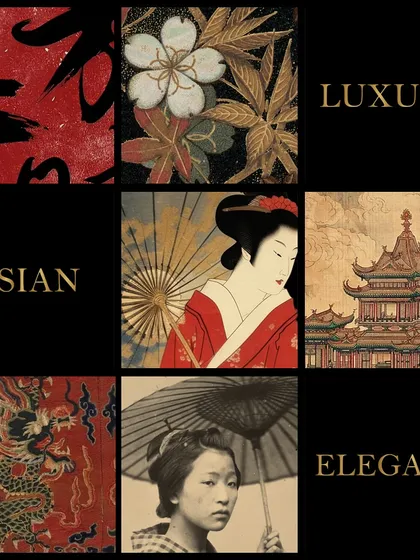 A mood board showcasing the inspiration for the bespoke artworks and murals created for the Shanghigh restaurant. The theme blends luxury, elegance, and traditional Asian art, from geishas and dragons to serene landscapes.
