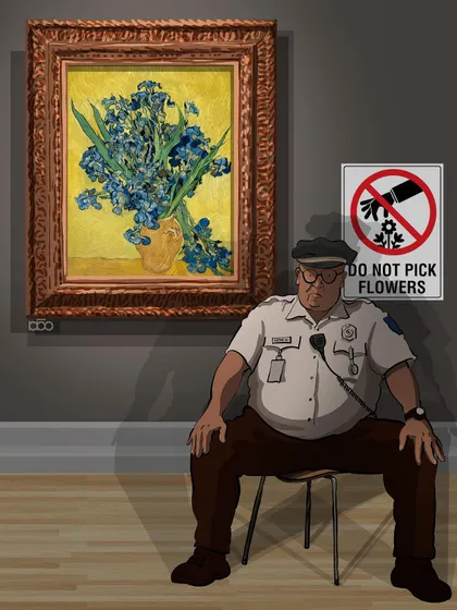 A commentary on the commercialization of art and the artist's suffering. A security guard sits before the "Irises" painting with a "Do Not Pick Flowers" sign, highlighting the irony of protecting a painted image of nature while the artist's pain remains unseen.