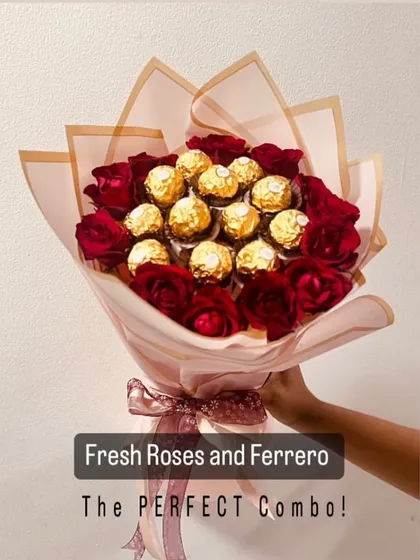 Sometimes, you just need a classic. This is our take on the perfect combo: a hand-tied bouquet of fresh red roses and Ferrero Rocher chocolates. It’s simple, elegant, and always a winner.
