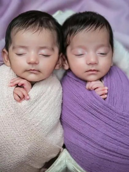 Double the love, double the joy. This close-up of newborn twins, nestled together, highlights the delicate and peaceful nature of my specialized twin photography sessions.