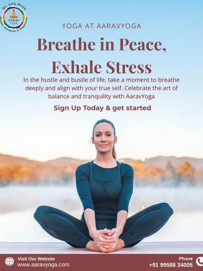 "Breathe in Peace, Exhale Stress." This image of a woman in Baddha Konasana (Bound Angle Pose) outdoors serves as a reminder to take a moment to align with your true self through deep breathing.