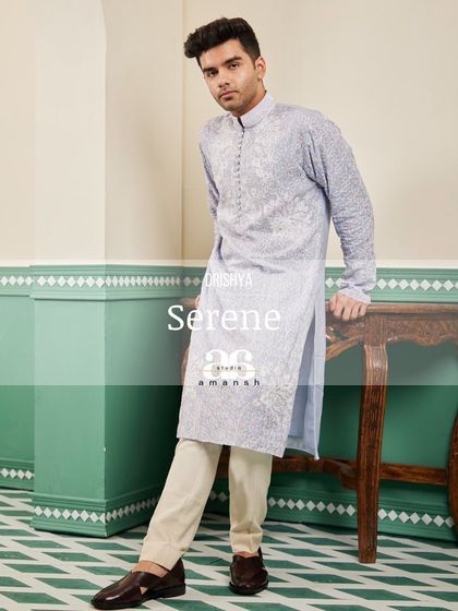 A stylized shot of the "Serene" lavender kurta, perfect for summer festivities.