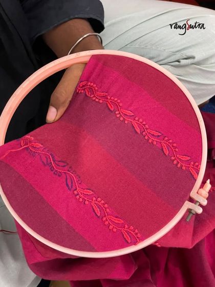 Intricate threads, timeless tradition. This close-up shows the process of Chikankari embroidery for our Haveli collection, celebrating heritage craft with every delicate stitch.