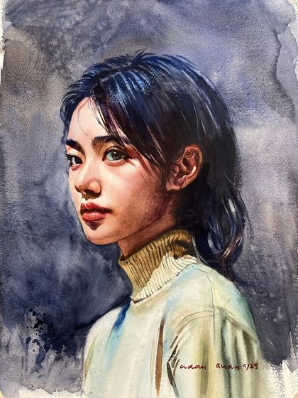 A portrait study exploring the balance of light and shadow. The cool, dark background pushes the subject forward, emphasizing the light on her face and the soft texture of her sweater.