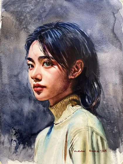 A closer view of the same portrait study, highlighting the subtle color shifts in the skin tones and the hair.