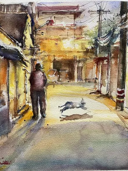 A watercolor painting of a silent, dark lane at night. I've always wanted to capture the mystery and quiet beauty of night scenes, with their long shadows and soft light.
