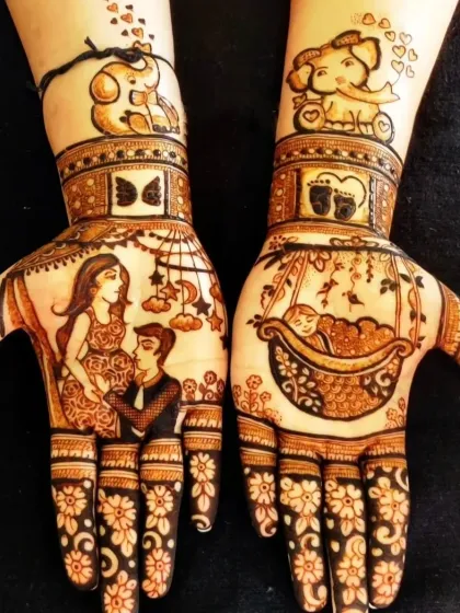 Celebrating a new beginning with special baby shower mehndi. This custom design includes portraits of the expecting parents, a baby in a cradle, and cute elephants, making it a unique and memorable part of the godh bharai ceremony.