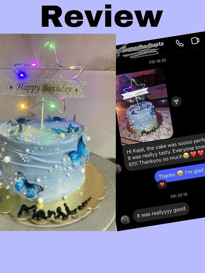 A screenshot of a happy customer's review for a beautiful blue butterfly cake.