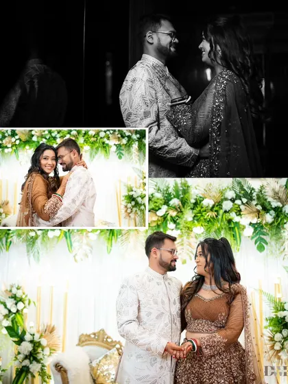 A collage of romantic portraits of the couple at their reception, blending color and black and white for an artistic effect.