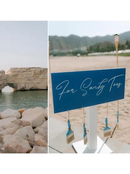 The details of a beachside carnival. I styled the event with playful touches like this "For Sandy Toes" sign, combining a chic blue and white palette with natural, rustic elements perfect for the coastal setting.
