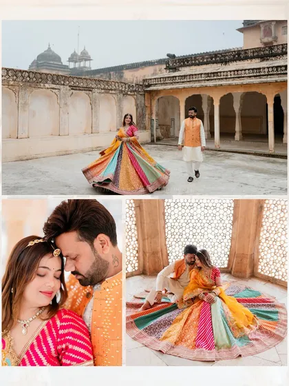 A collection of intimate and joyful moments from Amit and Bhavna's pre-wedding shoot at Amer Fort. The bride's colorful lehenga and the groom's coordinated jacket add a festive touch.
