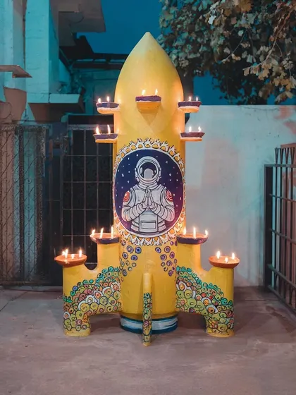 A yellow version of the Diwali rocket shrine from 'Rocketganj'. I often create variations of a concept to explore it more fully.