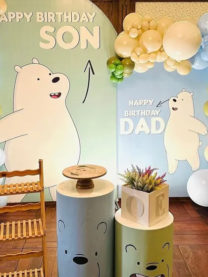 A closer view of the "We Bare Bears" setup, focusing on the custom-painted plinths that feature the faces of the bear characters. This highlights our ability to create unique, hand-crafted props for any theme.