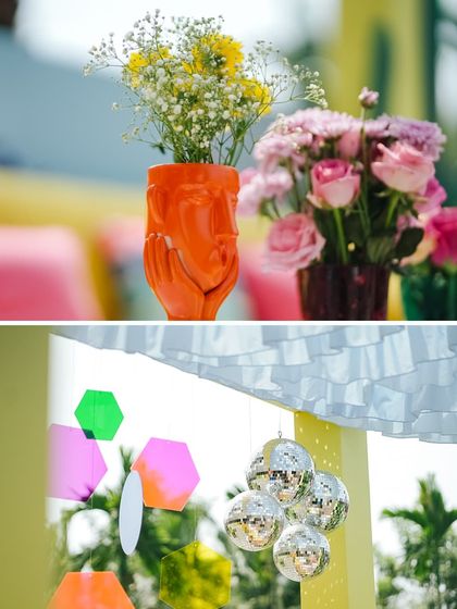 A collage of details from the Coachella Haldi, including a quirky Ganesha-shaped vase and hanging disco balls, showcasing the fun and eclectic vibe of the event.