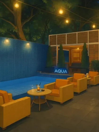 An anime-style depiction of our Aqua poolside lounge at night. The string lights and serene pool create a magical, cozy corner for guests to unwind.