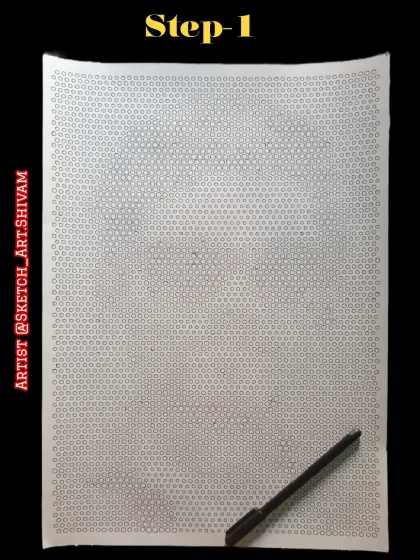 Step 1 of the dot portrait: the A3 paper with the grid of thousands of empty circles before I begin.