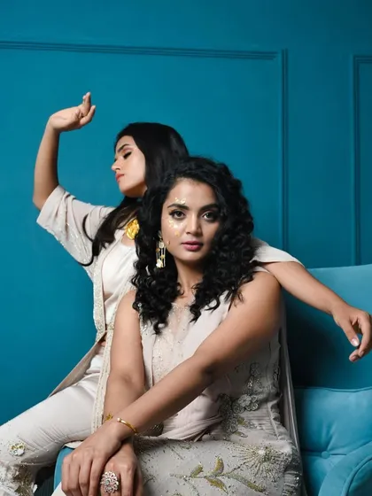 A playful pose from the Diwali shoot, showing the connection and fun between the models. My styling aims to create a vibe, not just an outfit.