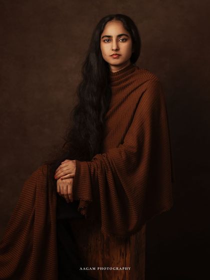 A closer view of this painterly portrait, highlighting the texture of the fabric and her thoughtful expression.