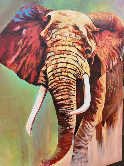 A full view of the 1.5ft by 3ft elephant canvas. This statement piece is designed to command attention and bring a sense of grounded, timeless wisdom to your space.