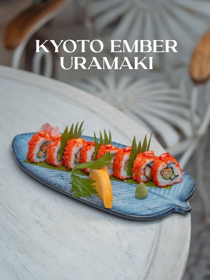 The Kyoto Ember Uramaki, a roll that combines rich tuna, creamy avocado, and a spicy tobiko crunch.