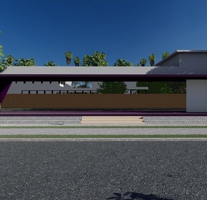 A frontal view of the clubhouse concept. This render clearly shows the structure's strong geometric form and the contrast between the solid purple frame and the transparent glass walls, which connect the interior to the surrounding landscape.
