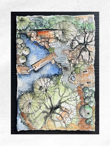 A beautiful watercolor site plan, hand-painted with intricate details of trees, pathways, and water features. This showcases the artistic and personal approach I take to the initial design phase.