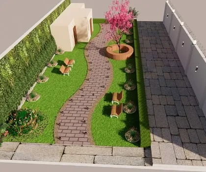 This is a 3D design render we created for a client. It helps them visualize the final garden, including the layout of the lawn, pathways, seating, and even the types of trees.