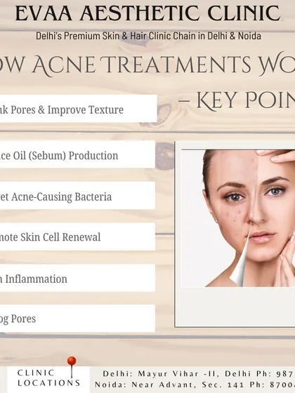 This infographic explains the mechanisms of our acne treatments, which work to shrink pores, promote skin cell renewal, and calm inflammation for a clearer complexion.