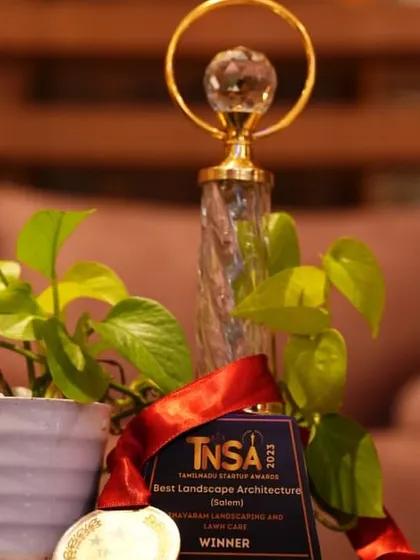 The TNSA award trophy and medal, proudly displayed. These accolades inspire us to keep pushing the boundaries of landscape design.