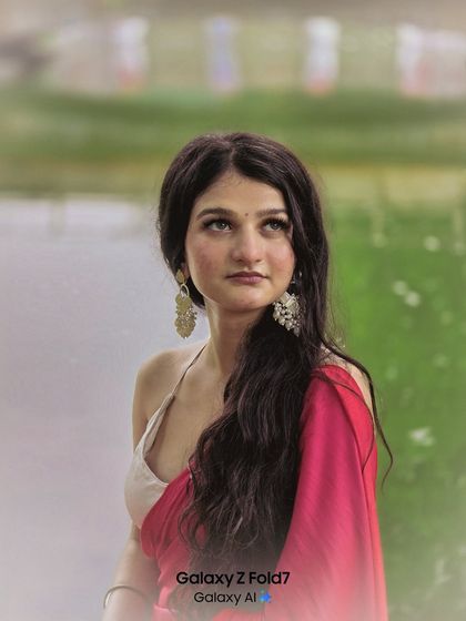 A modern take on a saree look, shot near the water for a soft, reflective feel. The combination of the red saree and contemporary styling makes for a unique and beautiful portrait.