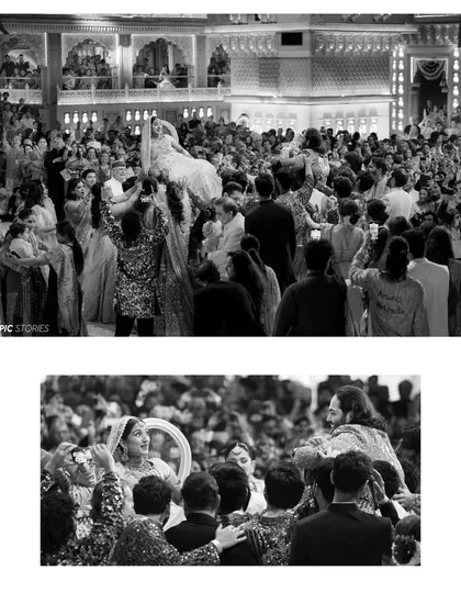 A black and white diptych showing Radhika being carried in a doli. This traditional moment, captured in a timeless monochrome style, emphasizes the joy and celebration of the crowd.