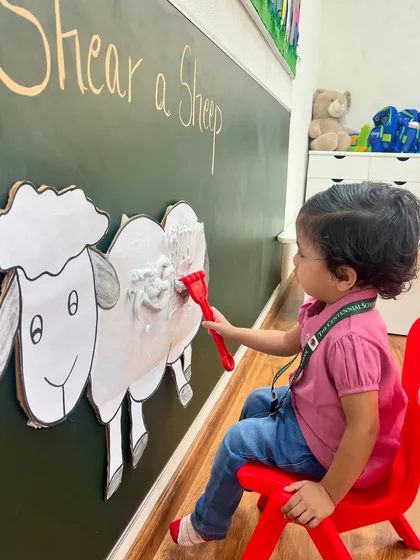 A little girl carefully "shears" the wool off our classroom sheep. This tactile activity is great for developing fine motor control and introducing concepts about farm life.