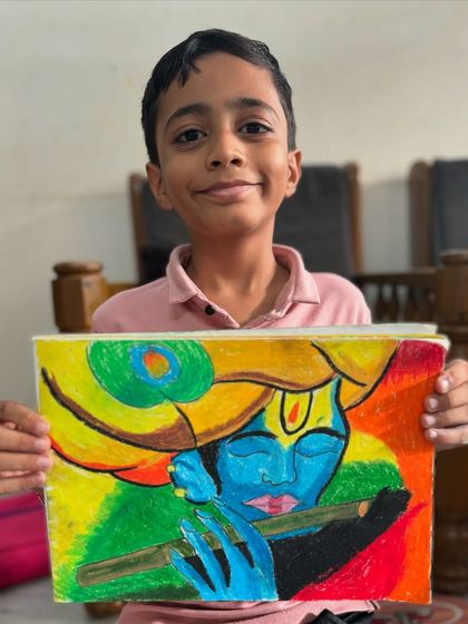 A student's beautiful oil pastel drawing of Lord Krishna playing the flute, capturing a moment of divine beauty and peace.