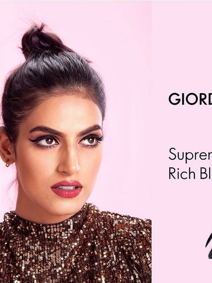 A commercial beauty shot for an eyeliner product. I styled the model with a sequined top and a simple top-knot bun to create a glamorous party look, letting the sharp winged eyeliner be the hero.