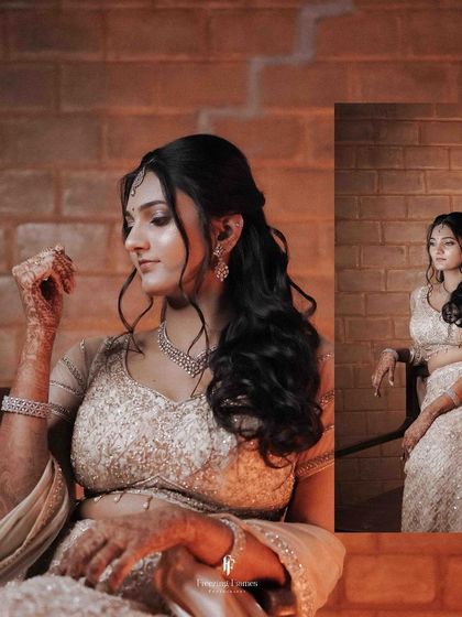 A collage of the bride in her elegant lehenga, posing against a warm brick background.