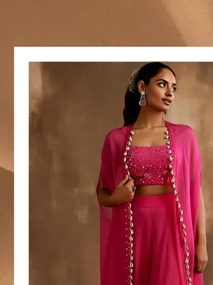 A pop of pink! This palazzo set with a sequined crop top and a lightweight cape edged with shells is a fun, trendy, and comfortable choice for any celebration.