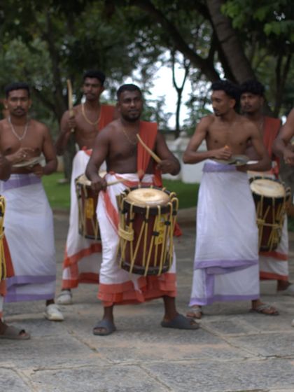 The Chenda Melam (traditional percussion ensemble) performing during Onam. The powerful rhythms are an essential part of Kerala's cultural celebrations.