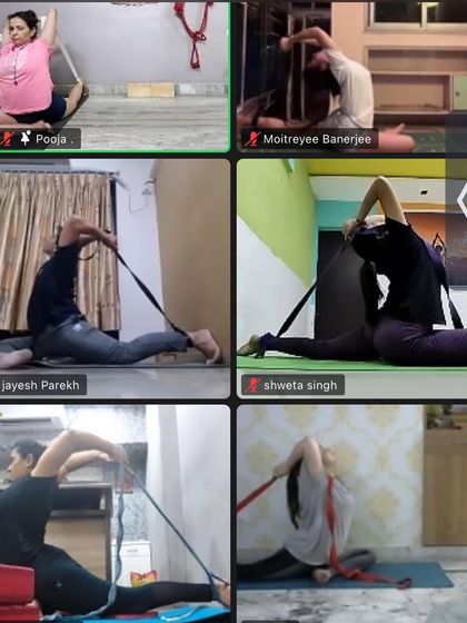 Another view of our online advanced class, where students from different locations practice together. We make advanced yoga accessible to you, wherever you are.