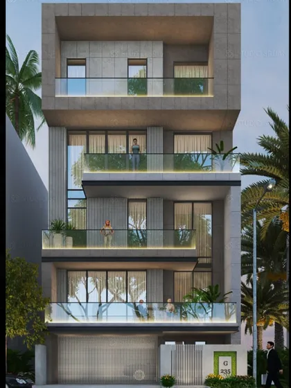 This modern elevation for a 200 sq. yard plot in Naraina Vihar features a clean, grid-like structure. The facade is composed of simple rectangular forms, large windows, and minimalist glass balconies.