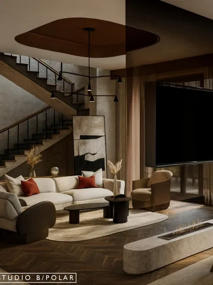 This composite image shows how the lounge and dining areas function as one cohesive space, united by a consistent material palette of dark wood, textured walls, and neutral tones.